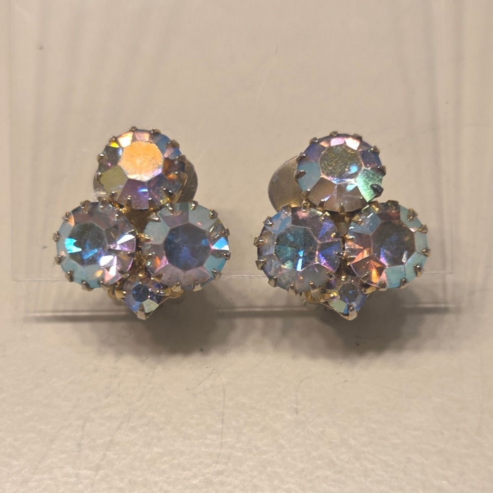 Vintage AB Blue Aurora Borealis Rhinestone Clip Earrings Gold Tone Glamour